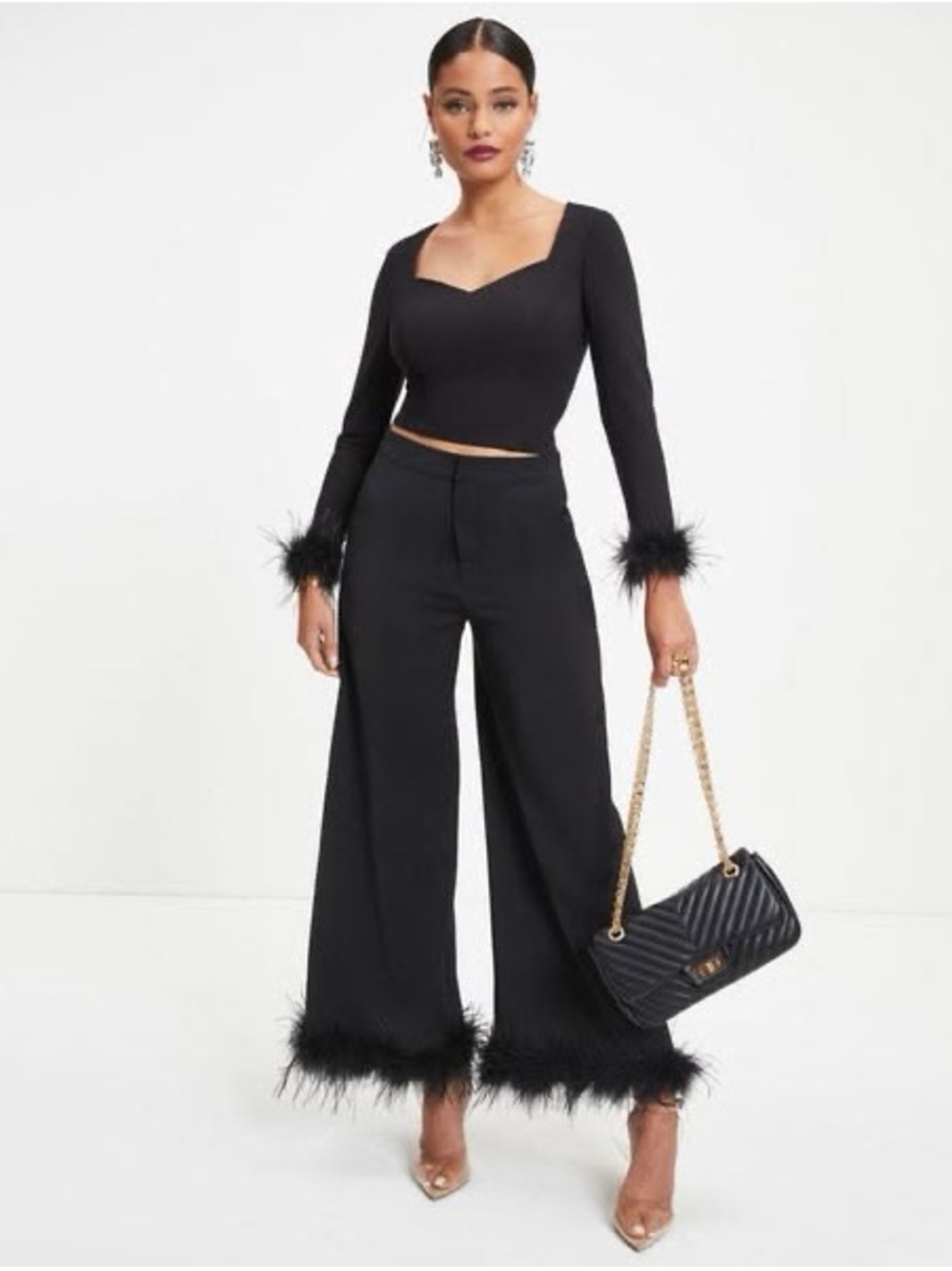 Vici Black Wide-Leg Feather Trim Pants and Long Sleeve Crop Top
